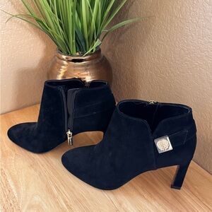 Vince Camuto Black Suede Ankle Booties with Gold Medallion